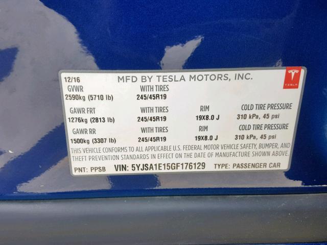 5YJSA1E15GF176129 - 2016 TESLA MODEL S BLUE photo 10