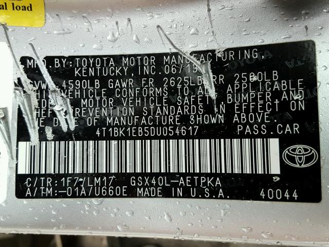 4T1BK1EB5DU054617 - 2013 TOYOTA AVALON BAS SILVER photo 10