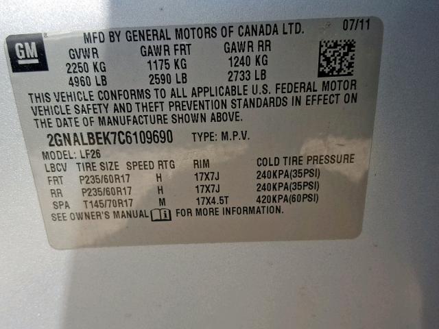 2GNALBEK7C6109690 - 2012 CHEVROLET EQUINOX LS SILVER photo 10