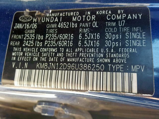 KM8JN12D96U386250 - 2006 HYUNDAI TUCSON GLS BLUE photo 10