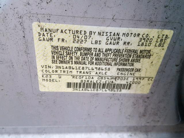 3N1AB61E87L698658 - 2007 NISSAN SENTRA 2.0 SILVER photo 10