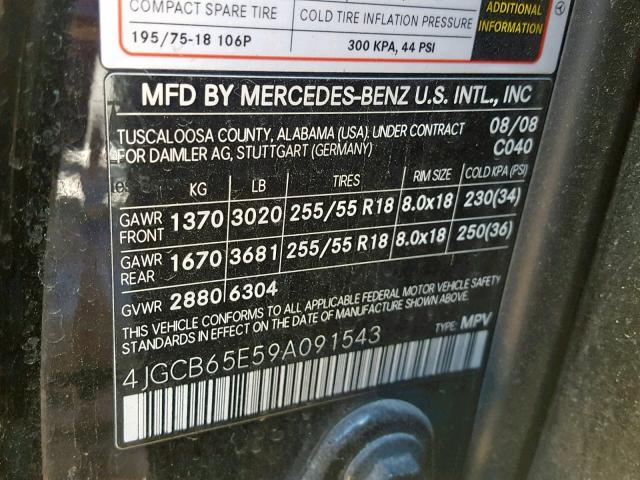 4JGCB65E59A091543 - 2009 MERCEDES-BENZ R 350 4MAT BLACK photo 10