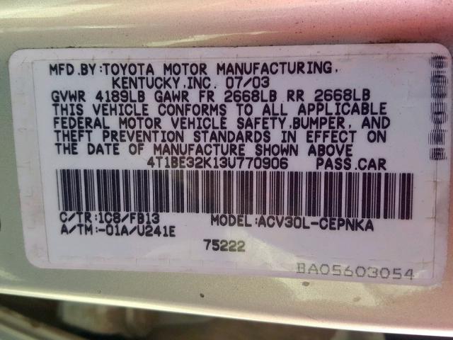 4T1BE32K13U770906 - 2003 TOYOTA CAMRY LE SILVER photo 10