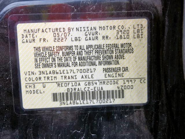 3N1AB61E17L700217 - 2007 NISSAN SENTRA 2.0 BLACK photo 10