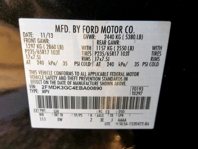 2FMDK3GC4EBA00890 - 2014 FORD EDGE SE BLACK photo 10