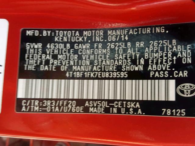 4T1BF1FK7EU839595 - 2014 TOYOTA CAMRY L RED photo 10