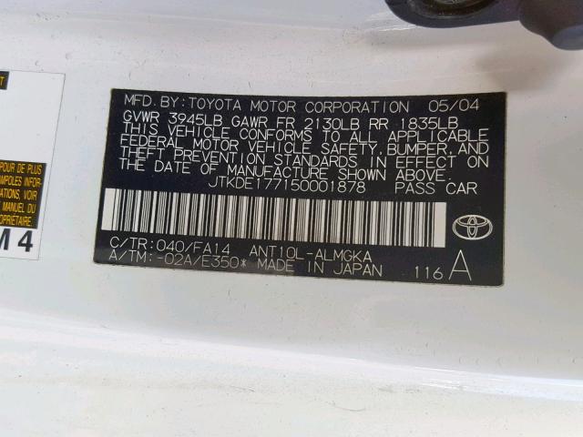JTKDE177150001878 - 2005 TOYOTA SCION TC WHITE photo 10