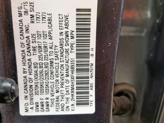 2HKRM4H5XFH689351 - 2015 HONDA CR-V EX SILVER photo 10