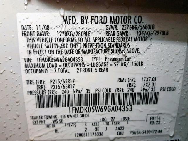 1FMDK05W69GA04353 - 2009 FORD TAURUS X S WHITE photo 10