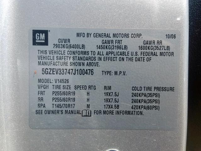 5GZEV33747J100476 - 2007 SATURN OUTLOOK SP ვერცხლისფერი ფოტო 10