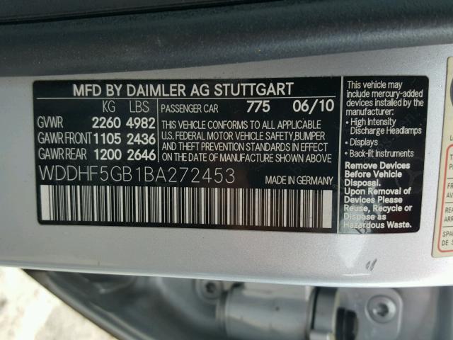 WDDHF5GB1BA272453 - 2011 MERCEDES-BENZ E 350 SILVER photo 10