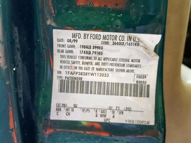 1FAFP3838YW112033 - 2000 FORD FOCUS ZTS GREEN photo 10