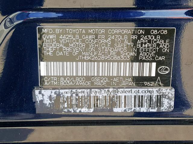 JTHBK262895088303 - 2009 LEXUS IS 250 BLACK photo 10