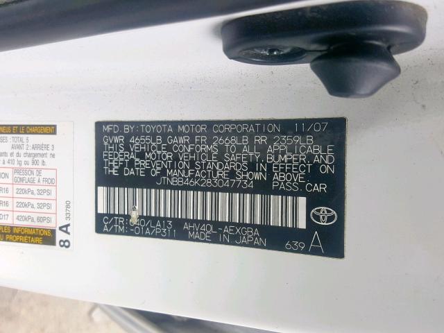 JTNBB46K283047734 - 2008 TOYOTA CAMRY HYBR WHITE photo 10