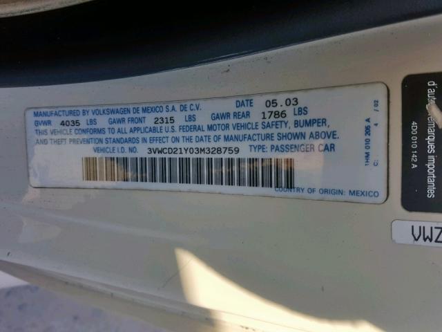 3VWCD21Y03M328759 - 2003 VOLKSWAGEN NEW BEETLE Bej foto 10