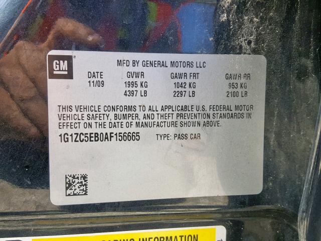 1G1ZC5EB0AF156665 - 2010 CHEVROLET MALIBU 1LT 黑色 照片 10