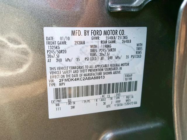 2FMDK4KC2ABA88913 - 2010 FORD EDGE LIMIT GRAY photo 10