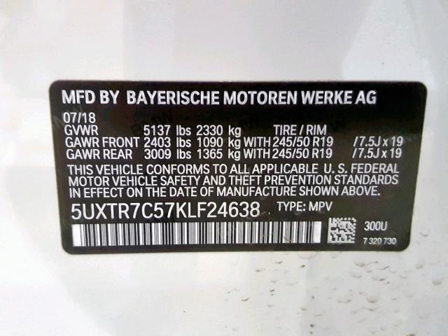 5UXTR7C57KLF24638 - 2019 BMW X3 SDRIVE3 WHITE photo 10