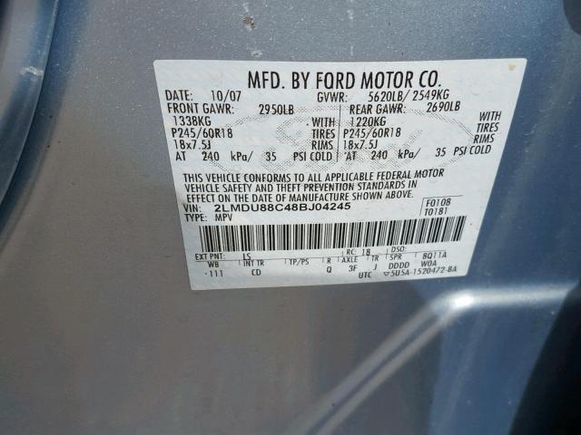 2LMDU88C48BJ04245 - 2008 LINCOLN MKX BLUE photo 10