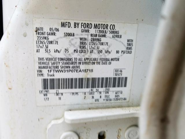 1FTWW31P07EA15715 - 2007 FORD F350 SRW SUPER DUTY  photo 10