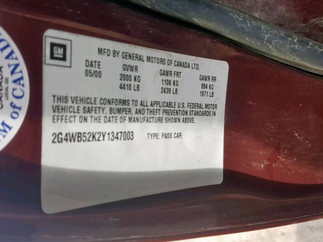 2G4WB52K2Y1347003 - 2000 BUICK REGAL LS MAROON photo 10