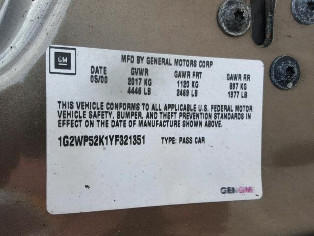 1G2WP52K1YF321351 - 2000 PONTIAC GRAND PRIX BROWN photo 10