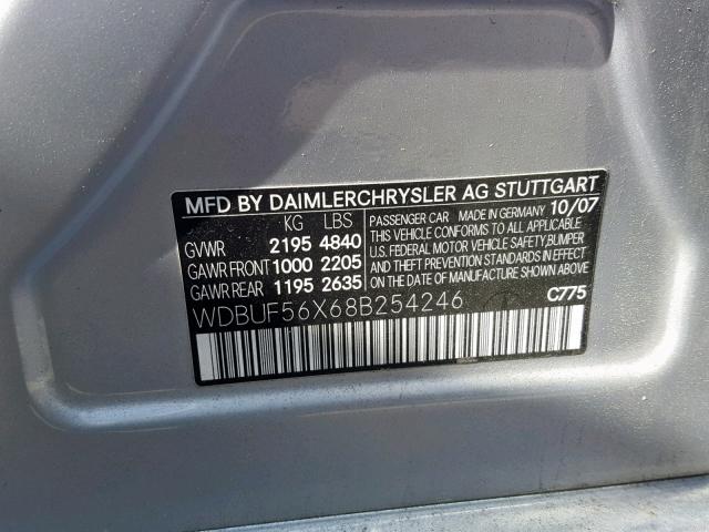 WDBUF56X68B254246 - 2008 MERCEDES-BENZ E 350 SILVER photo 10