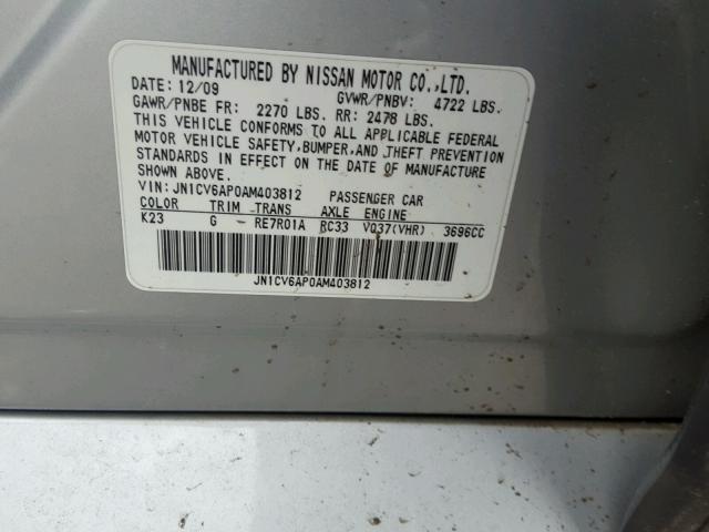 JN1CV6AP0AM403812 - 2010 INFINITI G37 BASE SILVER photo 10