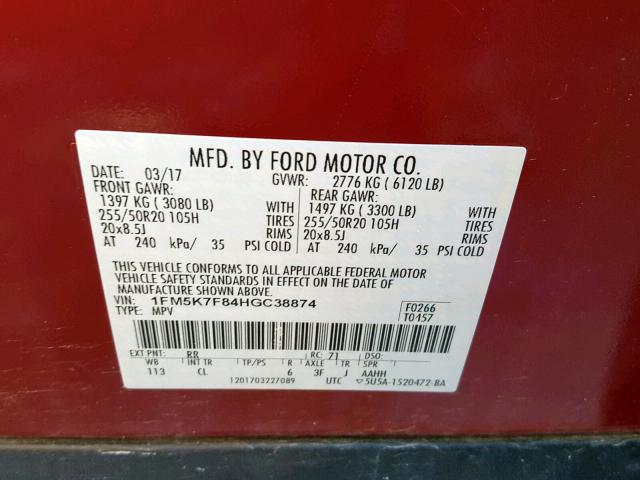 1FM5K7F84HGC38874 - 2017 FORD EXPLORER L RED photo 10