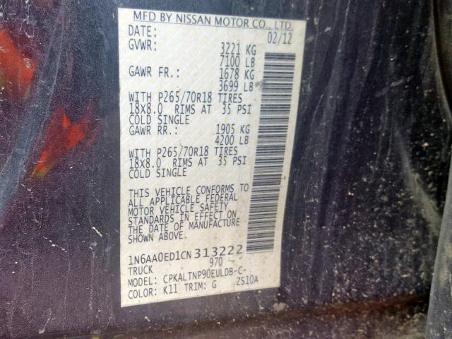 1N6AA0ED1CN313222 - 2012 NISSAN TITAN S GRAY photo 10