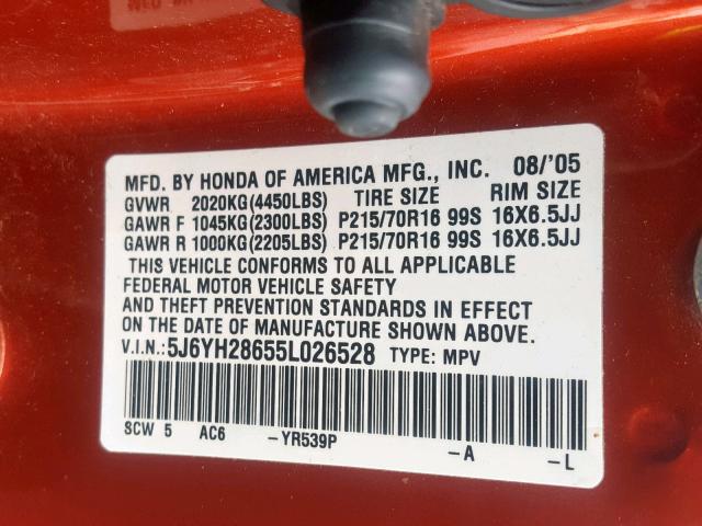 5J6YH28655L026528 - 2005 HONDA ELEMENT EX ORANGE photo 10