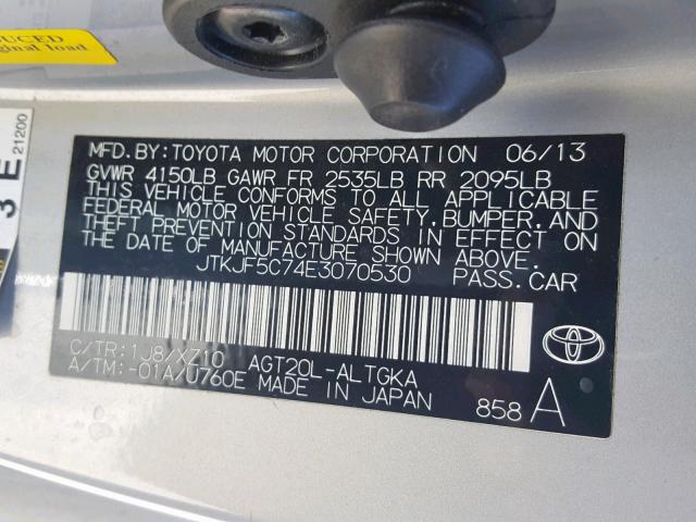 JTKJF5C74E3070530 - 2014 TOYOTA SCION TC SILVER photo 10