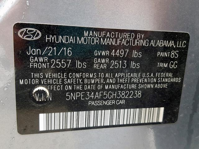 5NPE34AF5GH382238 - 2016 HYUNDAI SONATA SPO GRAY photo 10