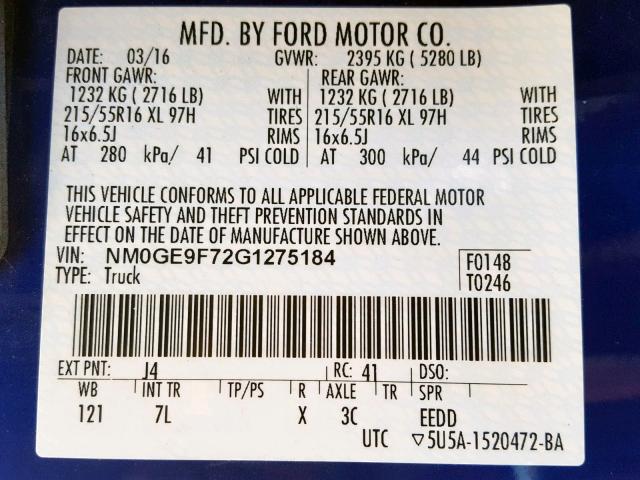 NM0GE9F72G1275184 - 2016 FORD TRANSIT CO BLUE photo 10