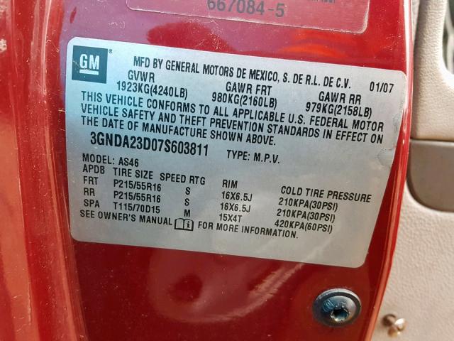 3GNDA23D07S603811 - 2007 CHEVROLET HHR LT RED photo 10