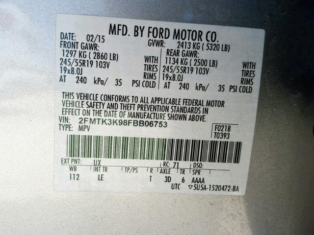 2FMTK3K98FBB06753 - 2015 FORD EDGE TITAN SILVER photo 10