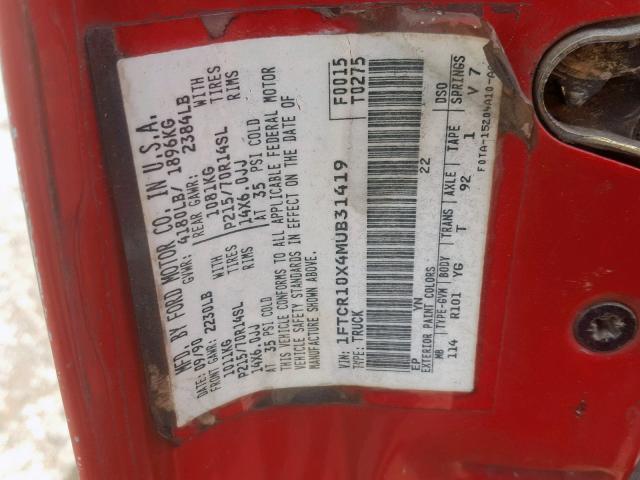 1FTCR10X4MUB31419 - 1991 FORD RANGER RED photo 10