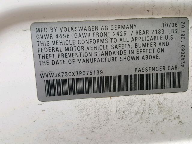 WVWJK73CX7P075139 - 2007 VOLKSWAGEN PASSAT WHITE photo 10