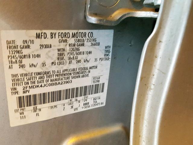 2FMDK4JC0BBA23903 - 2011 FORD EDGE SEL SILVER photo 10