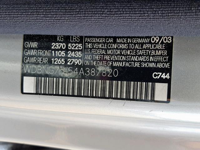 WDBNG75J54A387820 - 2004 MERCEDES-BENZ S 500 SILVER photo 10