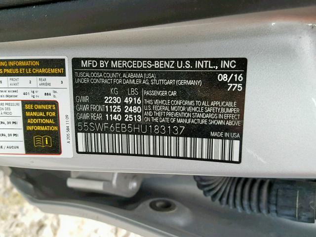 55SWF6EB5HU183137 - 2017 MERCEDES-BENZ C 43 4MATI SILVER photo 10