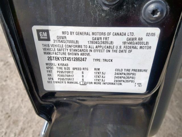 2GTEK13T451286247 - 2005 GMC NEW SIERRA BLACK photo 10