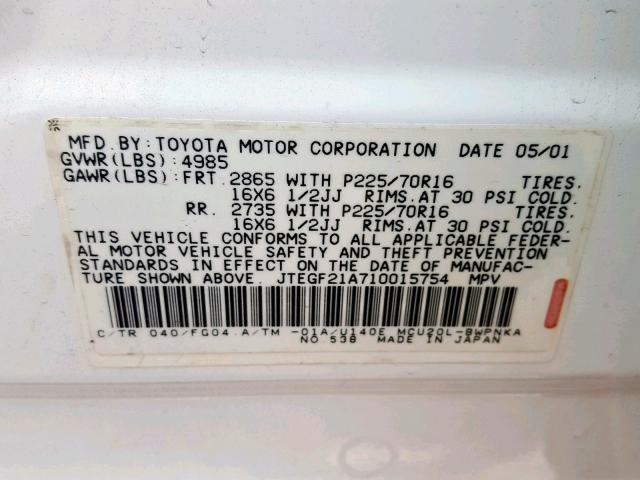 JTEGF21A710015754 - 2001 TOYOTA HIGHLANDER WHITE photo 10