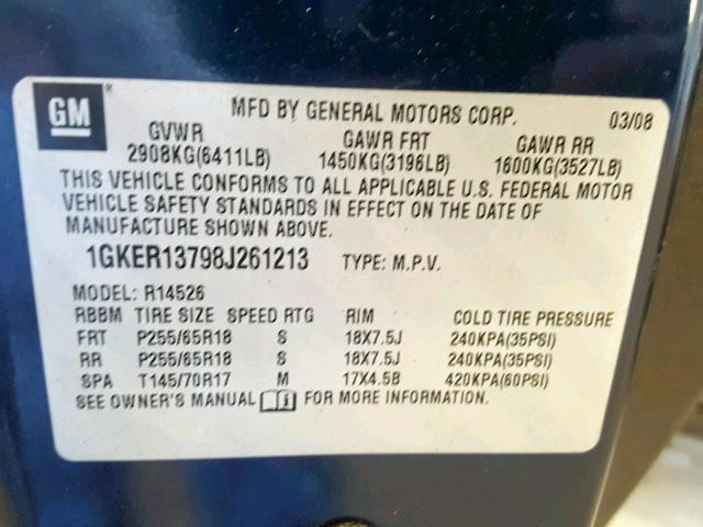 1GKER13798J261213 - 2008 GMC ACADIA SLE BLUE photo 10