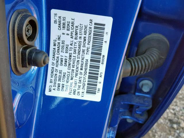 2HGFC1F75GH659954 - 2016 HONDA CIVIC EXL BLUE photo 10