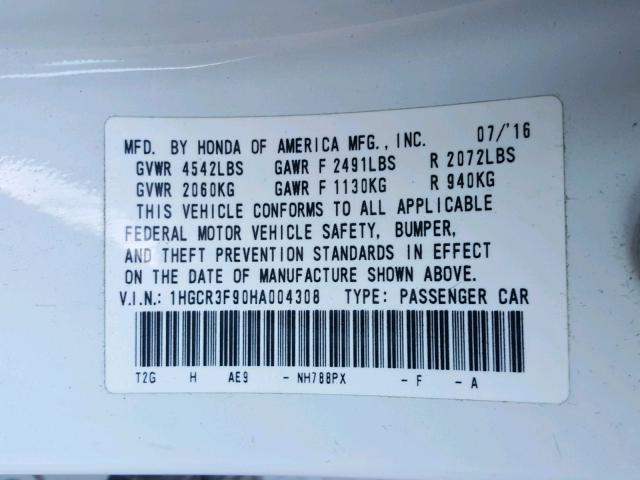 1HGCR3F90HA004308 - 2017 HONDA ACCORD TOU WHITE photo 10