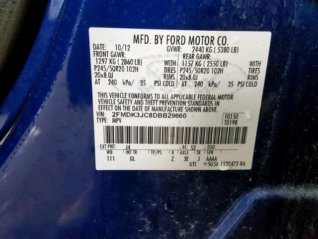 2FMDK3JC8DBB29660 - 2013 FORD EDGE SEL BLUE photo 10