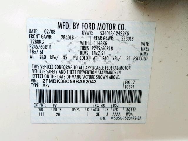 2FMDK38C58BA62043 - 2008 FORD EDGE SEL CREAM photo 10