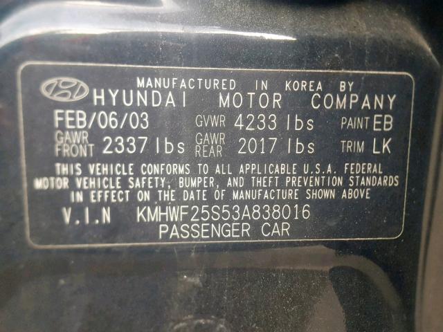 KMHWF25S53A838016 - 2003 HYUNDAI SONATA GL BLACK photo 10