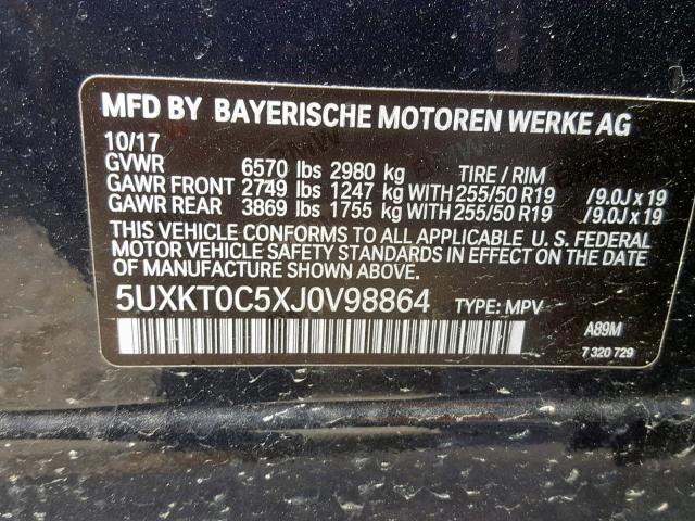 5UXKT0C5XJ0V98864 - 2018 BMW X5 XDR40E BLUE photo 10